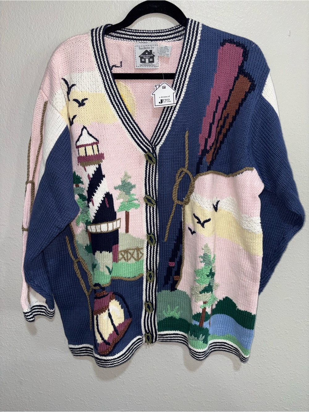 Storybook Knits Coastal Lighthouse Button-Front Cardigan - Blue, Pink & Cream - Picture 2 of 11